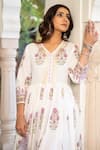 Maison Shefali_White Cotton Floral Print, Gota Work V Neck Chaand Tahira Mughal Anarkali Set _at_Aza_Fashions