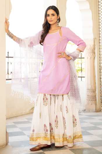 Buy_Maison Shefali_Purple Cotton Floral Print, Gota Work Double Neck Chaand Sharanya Sharara Set _at_Aza_Fashions