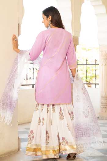Shop_Maison Shefali_Purple Cotton Floral Print, Gota Work Double Neck Chaand Sharanya Sharara Set _at_Aza_Fashions