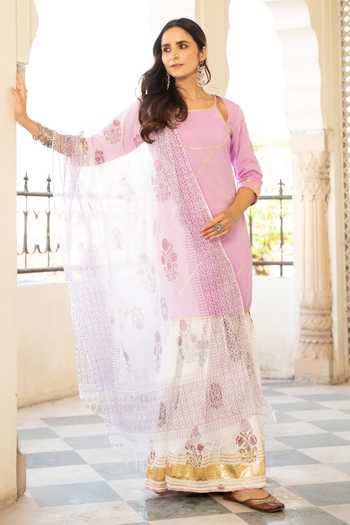 Maison Shefali_Purple Cotton Floral Print, Gota Work Double Neck Chaand Sharanya Sharara Set _Online_at_Aza_Fashions
