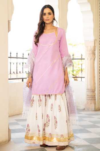 Buy_Maison Shefali_Purple Cotton Floral Print, Gota Work Double Neck Chaand Sharanya Sharara Set _Online_at_Aza_Fashions