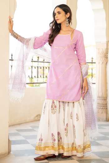 Shop_Maison Shefali_Purple Cotton Floral Print, Gota Work Double Neck Chaand Sharanya Sharara Set _Online_at_Aza_Fashions