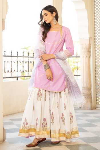 Maison Shefali_Purple Cotton Floral Print, Gota Work Double Neck Chaand Sharanya Sharara Set _at_Aza_Fashions