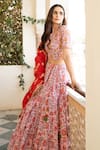 Shop_Maison Shefali_Pink Cotton Printed Floral High Neck Chaand Inaayat Lehenga Set _Online_at_Aza_Fashions