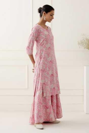 Musal_Pink Silk Organza, 100% Cotton Floral Round Ebe Print Kurta Palazzo Set _Online_at_Aza_Fashions