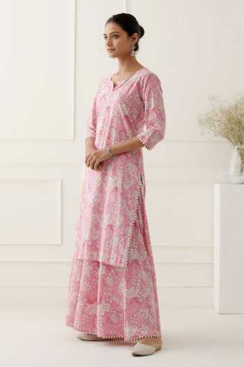 Buy_Musal_Pink Silk Organza, 100% Cotton Floral Round Ebe Print Kurta Palazzo Set _Online_at_Aza_Fashions