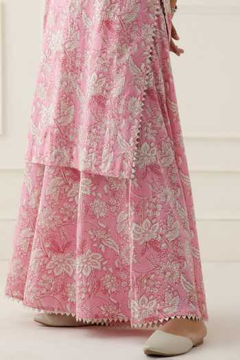 Shop_Musal_Pink Silk Organza, 100% Cotton Floral Round Ebe Print Kurta Palazzo Set _Online_at_Aza_Fashions