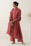Buy_Musal_Red Silk Organza, 100% Cotton Striped Mandarin Collar Dune Print Kurta Set_at_Aza_Fashions