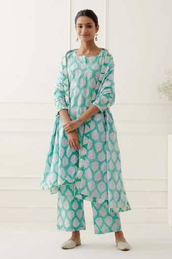 Buy_Musal_Blue Silk Organza, 100% Cotton Leaf Round Print Kurta Set _at_Aza_Fashions
