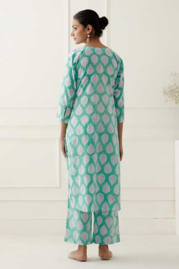 Shop_Musal_Blue Silk Organza, 100% Cotton Leaf Round Print Kurta Set _at_Aza_Fashions