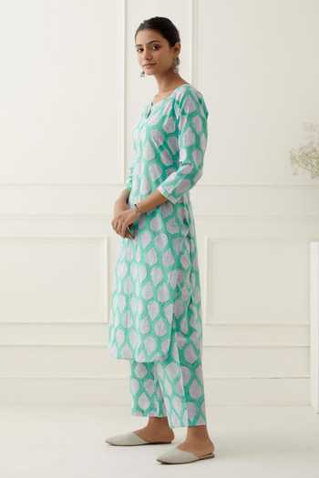 Buy_Musal_Blue Silk Organza, 100% Cotton Leaf Round Print Kurta Set _Online_at_Aza_Fashions