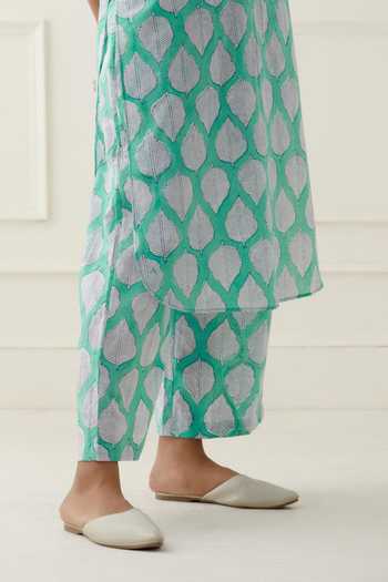 Shop_Musal_Blue Silk Organza, 100% Cotton Leaf Round Print Kurta Set _Online_at_Aza_Fashions