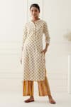 Buy_Musal_White 100% Cotton Floral, Striped Mandarin Collar Isla Printed Kurta Set _Online_at_Aza_Fashions