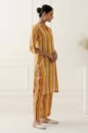 Musal_Yellow 100% Cotton Printed Striped Mandarin Collar Dax Kurta Set _Online_at_Aza_Fashions