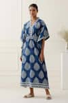 Buy_Musal_Blue 100% Cotton Leaf V Neck Julian Printed Kaftan _at_Aza_Fashions