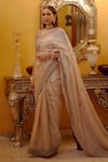 Buy_SHASHA GABA_Pink Silk Chanderi Embroidery Cord V Neck Saree With Blouse _at_Aza_Fashions