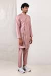 Bohame_Purple Linen Blend Plain Avery Overlap Kurta Set _Online_at_Aza_Fashions