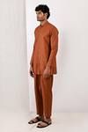Bohame_Brown Linen Blend Plain Daena Band Collar Kurta Set_Online_at_Aza_Fashions