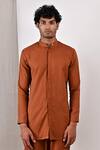 Buy_Bohame_Brown Linen Blend Plain Daena Band Collar Kurta Set_Online_at_Aza_Fashions