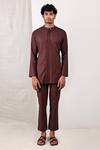 Buy_Bohame_Brown Linen Blend Plain Beckett Band Collar Kurta Set _at_Aza_Fashions