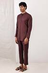 Bohame_Brown Linen Blend Plain Beckett Band Collar Kurta Set _Online_at_Aza_Fashions