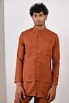 Buy_Bohame_Brown Linen Blend Plain Corbin Bundi And Band Collar Kurta Set _Online_at_Aza_Fashions