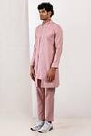 Bohame_Purple Linen Blend Plain Neor Mandarin Collar Kurta Set _Online_at_Aza_Fashions