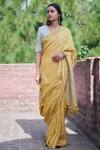 Buy_Dressfolk_Yellow 100% Handloom Linen Striped Kusum Saree _at_Aza_Fashions
