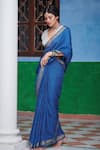 Dressfolk Blue 100% Handloom Linen Stripes Binodini Saree With Running Blouse Online at Aza Fashions Dressfolk_Blue 100% Handloom Linen Stripes Binodini Saree With Running Blouse_Online_at_Aza_Fashions