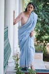 Dressfolk_Blue Handloom Linen Jamdani Handwoven Striped Charulata Saree  _Online_at_Aza_Fashions