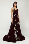 Buy_Gauri & Nainika_Maroon Velvet Embroidered Floral Sequin Motifs Cowl Neck Mermaid Gown _at_Aza_Fashions