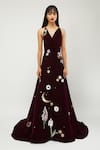 Shop_Gauri & Nainika_Maroon Velvet Embroidered Floral Sequin Motifs Cowl Neck Mermaid Gown _at_Aza_Fashions