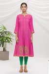 Khwaab by Sanjana Lakhani_Fuchsia Cotton Printed Floral Notched Round Neck Kurta Set _Online_at_Aza_Fashions