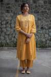 Shop_Pants And Pajamas_Yellow Cotton, Chanderi Mukaish And Chikan Round Dahlia Embroidered Kurta Set  _at_Aza_Fashions