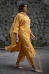 Buy_Pants And Pajamas_Yellow Cotton, Chanderi Mukaish And Chikan Round Dahlia Embroidered Kurta Set  _at_Aza_Fashions
