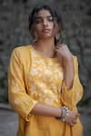 Pants And Pajamas_Yellow Cotton, Chanderi Mukaish And Chikan Round Dahlia Embroidered Kurta Set  _Online_at_Aza_Fashions