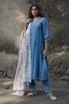 Pants And Pajamas Blue Chanderi, Cotton Silk Mukaish And Chikan V Neelkamal Embroidered Kurta Set Online at Aza Fashions Pants And Pajamas_Blue Chanderi, Cotton Silk Mukaish And Chikan V Neelkamal Embroidered Kurta Set _Online_at_Aza_Fashions