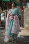 Shop_Pants And Pajamas_Green Chanderi Zardozi V Neck Puff Sleeve Anarkali _Online_at_Aza_Fashions