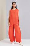 Buy_Scarlet Sage_Orange 100% Polyester Round Margo Pleated Top And Pant Set_at_Aza_Fashions