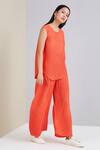 Shop_Scarlet Sage_Orange 100% Polyester Round Margo Pleated Top And Pant Set_Online_at_Aza_Fashions