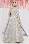 Buy_Vandana Sethi_Grey Organza Embroidery Mirror V Neck Bridal Lehenga Set _at_Aza_Fashions