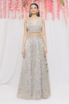 Vandana Sethi_Grey Organza Embroidery Mirror V Neck Bridal Lehenga Set _Online_at_Aza_Fashions