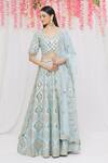 Buy_Vandana Sethi_Blue Dupion Silk Mirror, Zari Leaf Neck Embroidered Bridal Lehenga Set _at_Aza_Fashions
