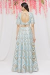 Shop_Vandana Sethi_Blue Dupion Silk Mirror, Zari Leaf Neck Embroidered Bridal Lehenga Set _at_Aza_Fashions