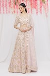 Buy Vandana Sethi Pink Organza Geometric, Mirror, Zari Leaf Neck Embroidered Bridal Lehenga Set at Aza Fashions Buy_Vandana Sethi_Pink Organza Geometric, Mirror, Zari Leaf Neck Embroidered Bridal Lehenga Set _at_Aza_Fashions