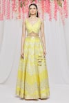 Vandana Sethi Yellow Chanderi Silk Chevron, Floral V Neck Lehenga Set Online at Aza Fashions Vandana Sethi_Yellow Chanderi Silk Chevron, Floral V Neck Lehenga Set _Online_at_Aza_Fashions