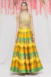 Vandana Sethi Yellow Dupion Silk Lace, Mirror V Neck Colorblock Lehenga Set Online at Aza Fashions Vandana Sethi_Yellow Dupion Silk Lace, Mirror V Neck Colorblock Lehenga Set _Online_at_Aza_Fashions