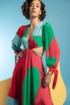 Nautanky_Green Natural Crepe Printed Abstract Shape V Cut It Out Colourblock Dress _at_Aza_Fashions