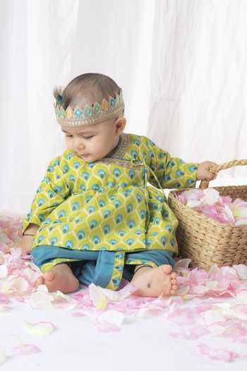 Buy_Lil Angels_Green , Satin Embroidery Printed Angrakha And Dhoti Pant Set _Online_at_Aza_Fashions