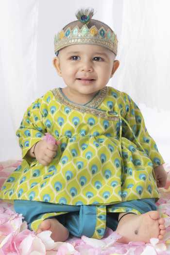 Lil Angels_Green , Satin Embroidery Printed Angrakha And Dhoti Pant Set _at_Aza_Fashions